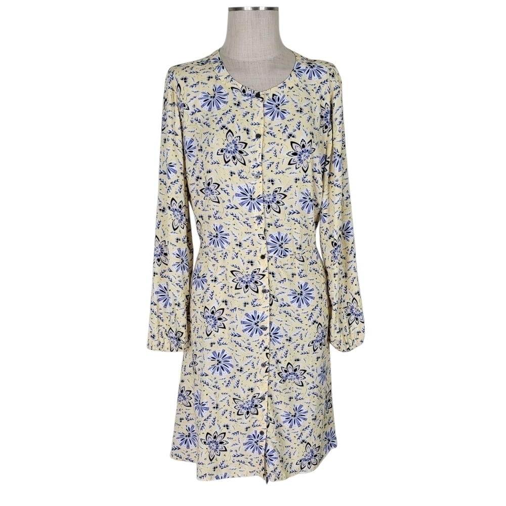 Loft Outlet Shift Dress Size 14 Yellow Blue Floral Button Front Belted Summer - Picture 3 of 12